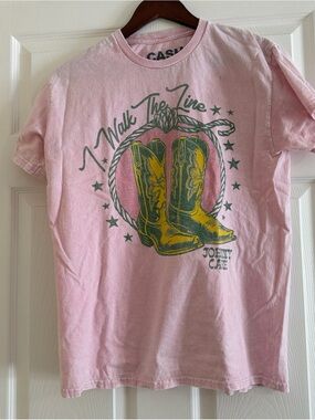 Johnny Cash Pink Short-Sleeve Tee with Yellow Cowboy Boots Graphic